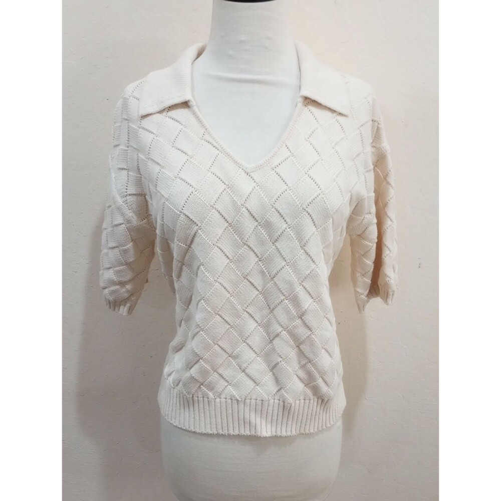 Margaret O'Leary  Cream 100% Organic Cotton Basket Weave Knit Sweater, Size S